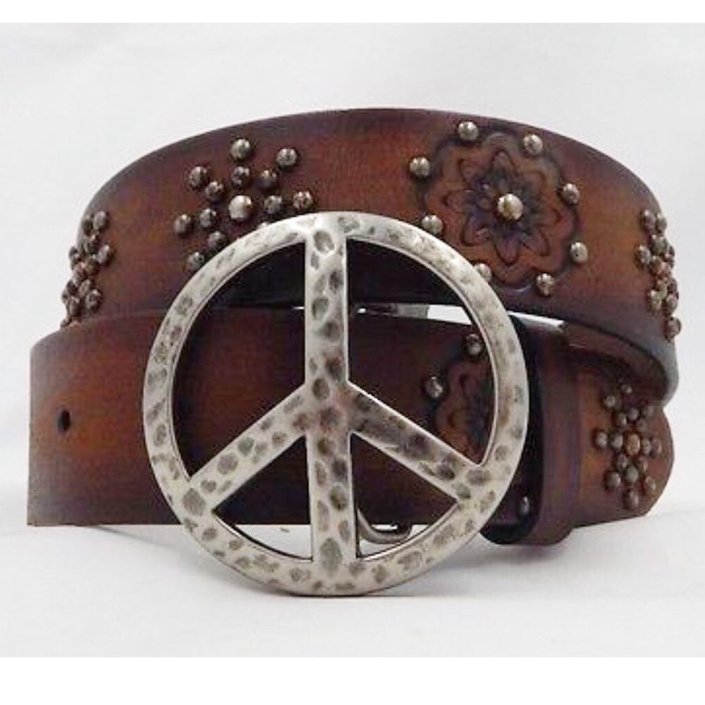 Brighton Brown Leather Belt with Silver Peace Buckle